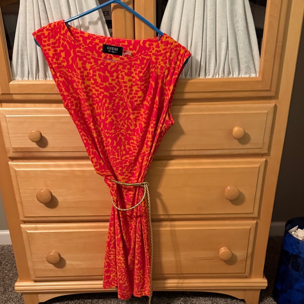 GUESS Red and Orange Abstract Belted Dress